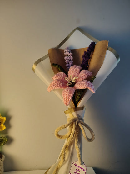 Pink Lily & Lupine Crochet Bouquet
