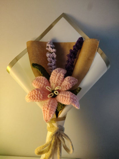 Pink Lily & Lupine Crochet Bouquet